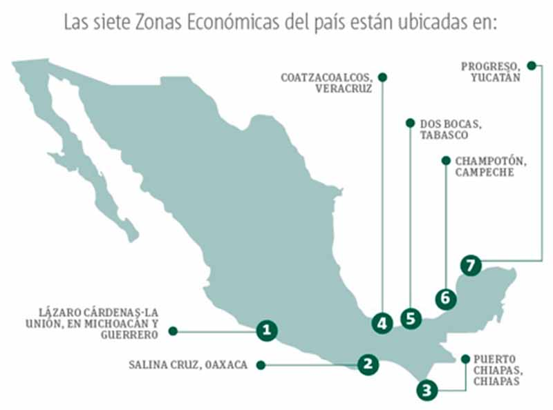 Mapa de las Zonas Económicas Especiales en México